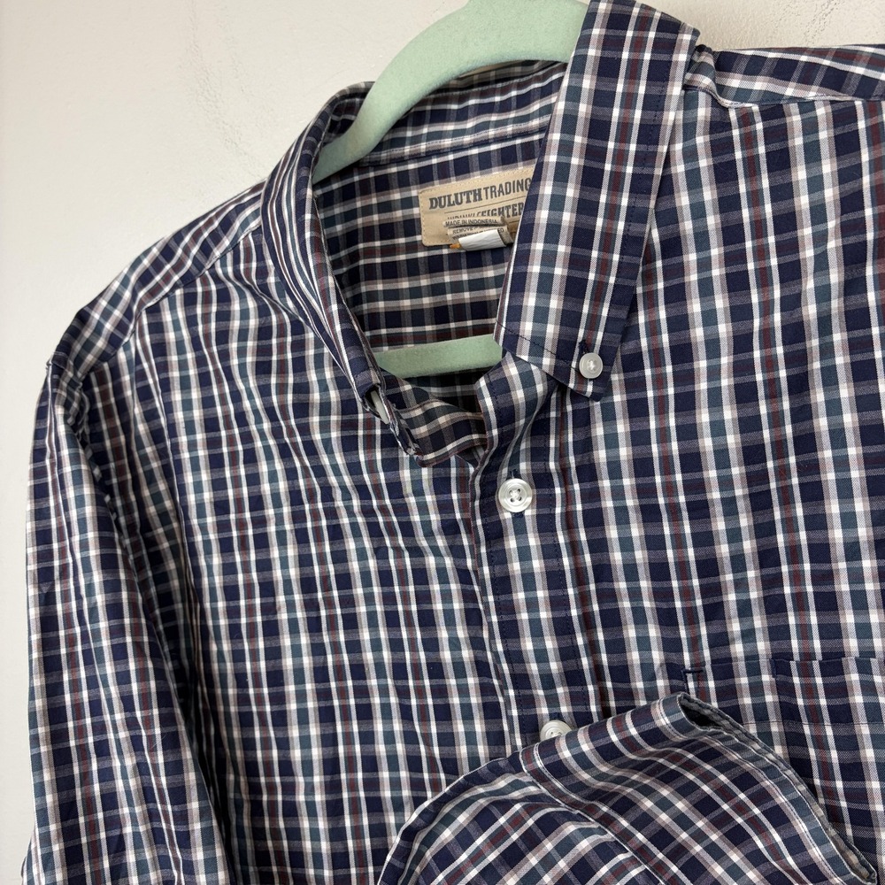 Duluth Trading‎ Shirt Mens Large Tall Blue Plaid Wrinklefighter Button Down